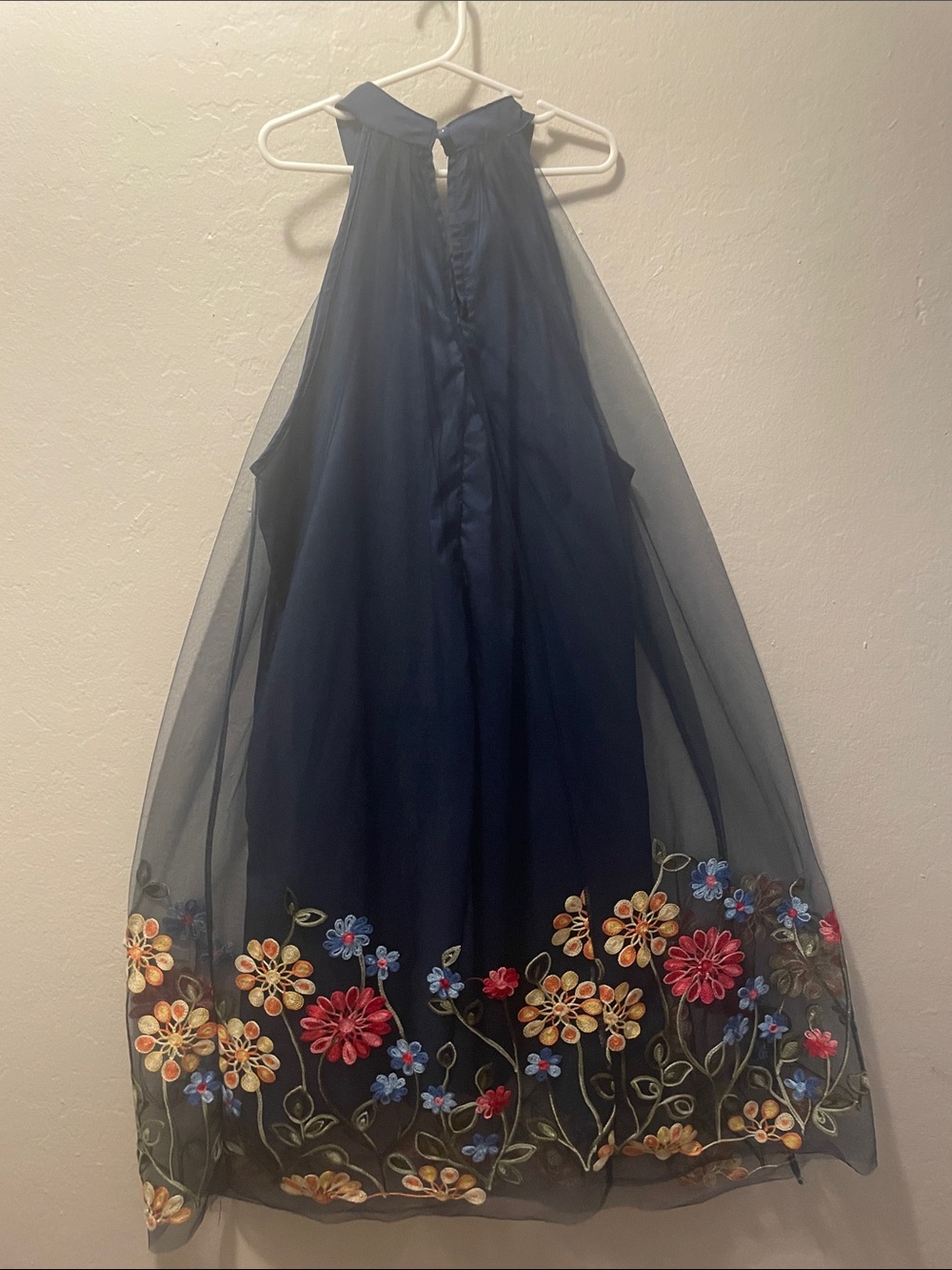 SHEIN Navy Halter Mesh Dress with Multicolor Floral Embroidery Size 6 Medium.